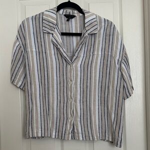 Banana Republic Casual Striped Button-Up Short Sleeve Shirt - Blue & Beige